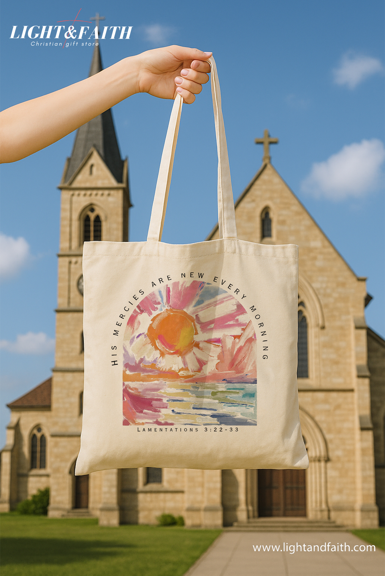 His Mercies Are New Every Morning Tote Bag, Lamentations 3:22 Bible Verse Tote, Christian Watercolor Sunrise Faith Canvas Bag Gift TBLAF37